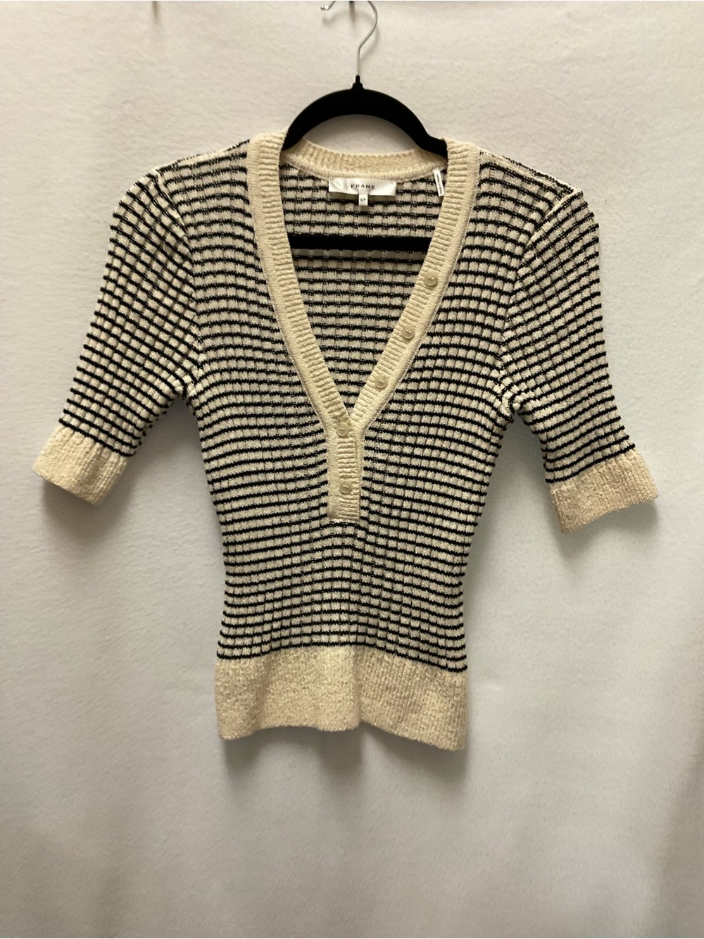 Frame Denim Cream and Black Striped V-Neck Knit Top
